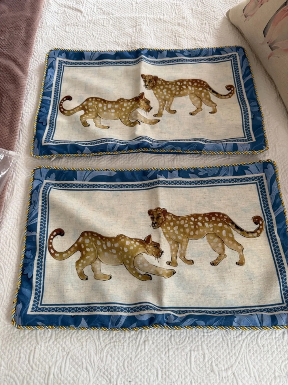 Leopard Motif Rectangular pillow case Pair in Blue and Beige